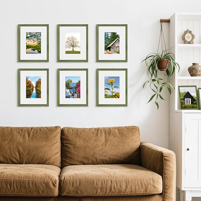 Picrit 8x10 Picture Frame Set of 12, Display 5x7 with Mat or 8x10 without Mat, Photo Frames for Wall Mounting or Table Top Display, Green Wood Grain