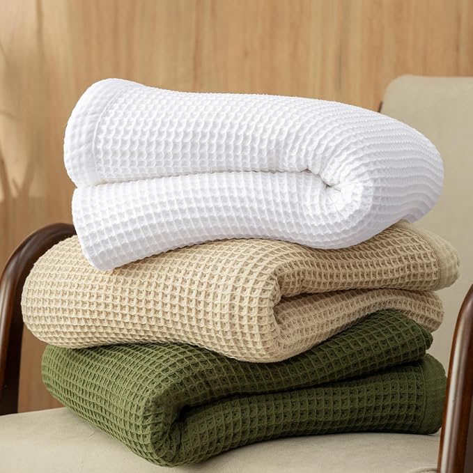 PHF 100% Cotton Waffle & Muslin Blanket Twin Size, Soft Breathable Luxury 400GSM Versatile Reversible Bedding for Bed, Great for Layering in Cold Weather, Home Decor Gift, 66" x 90", French Oak