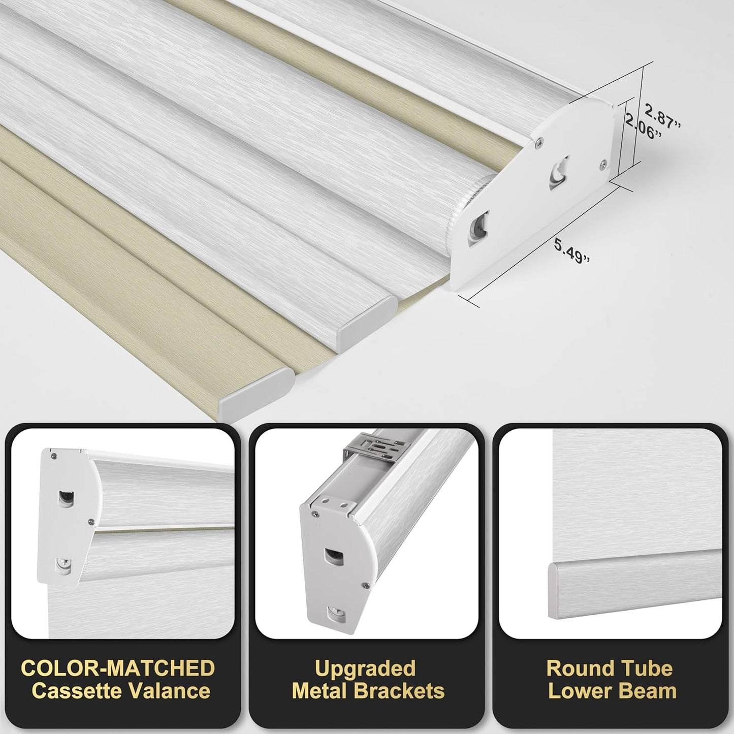 BERISSA Cordless Dual Roller Shades with Cassette Valance, Double Window Shades - Blackout and Light Filtering, Day and Night for Home Office Door. Beige and White. 46 W x 86" H