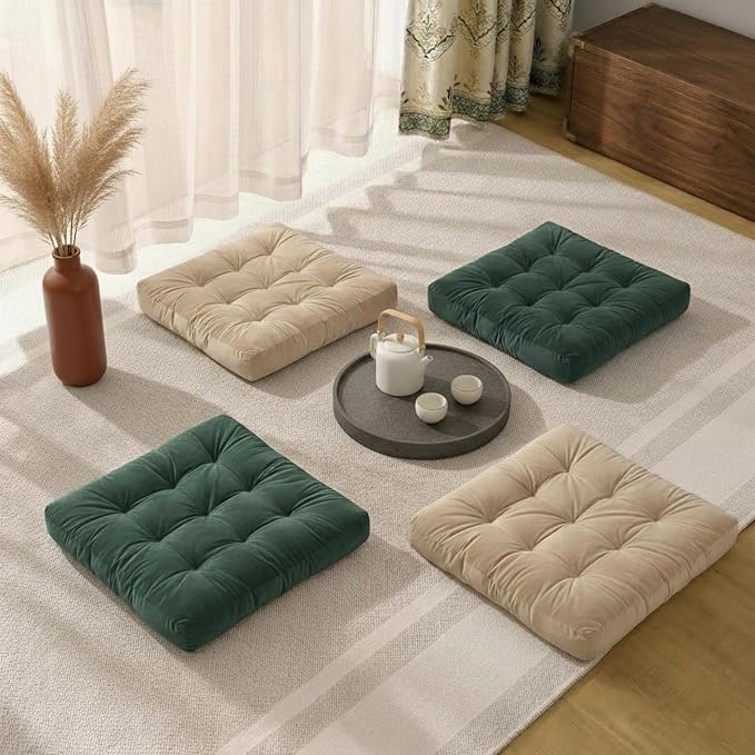Floor Pillows for Adults Set of 2, Soft Velvet Floor Cushions for Sitting, Square Tufted Floor Pillow Set for Reading Nook, Living Room, Bedroom, 22 x 22 Inch, Green