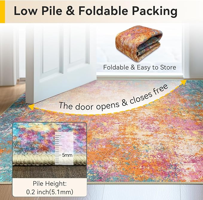 RELEANY Washable Area Rugs 4'x6' Non-Slip Modern Abstract Soft for Living Room Entryway Bedroom Nursery, Print Pattern, Orange Blue Pink Yellow Colorful
