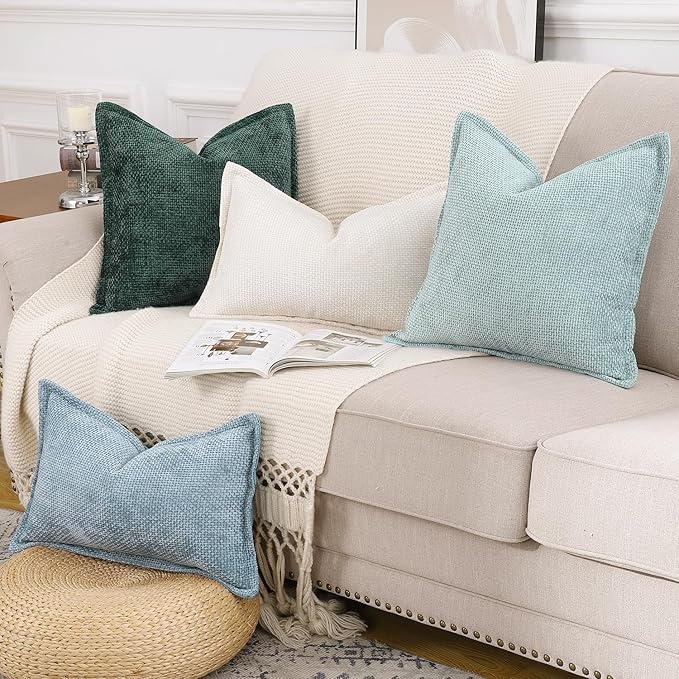 MADIZZ Decorative Chenille Velvet Throw Pillow Covers Set of 2 Soft Boho Textured Neutral Couch Throw Pillow for Bed Modern Farmhouse Home Decor for Sofa Livingroom Dark Green 20x20 Inch