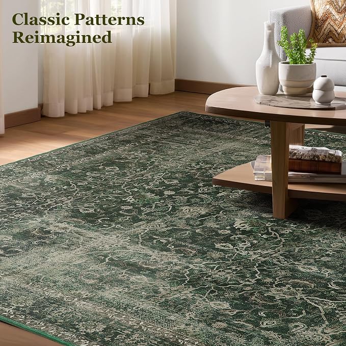 Dark Green 9x12 Large Area Rug for Living Room, Washable Low Pile Rug for Dining Room Under Table, Non Slip Thin Big Carpet Rugs for Bedroom, Moody Green with Brown Accents