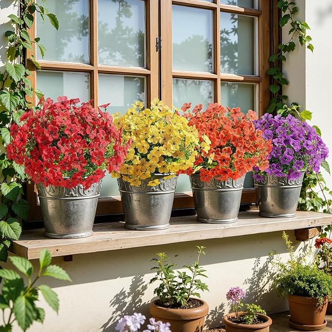 Alupssuc 20 Bundles Artificial Flowers for Outdoor Indoor Decoration, UV Resistant No Fade Fake Plants Eucalyptus, Colorful Faux Spring Flowers for Outside Yard Porch Patio Garden Home Window Box
