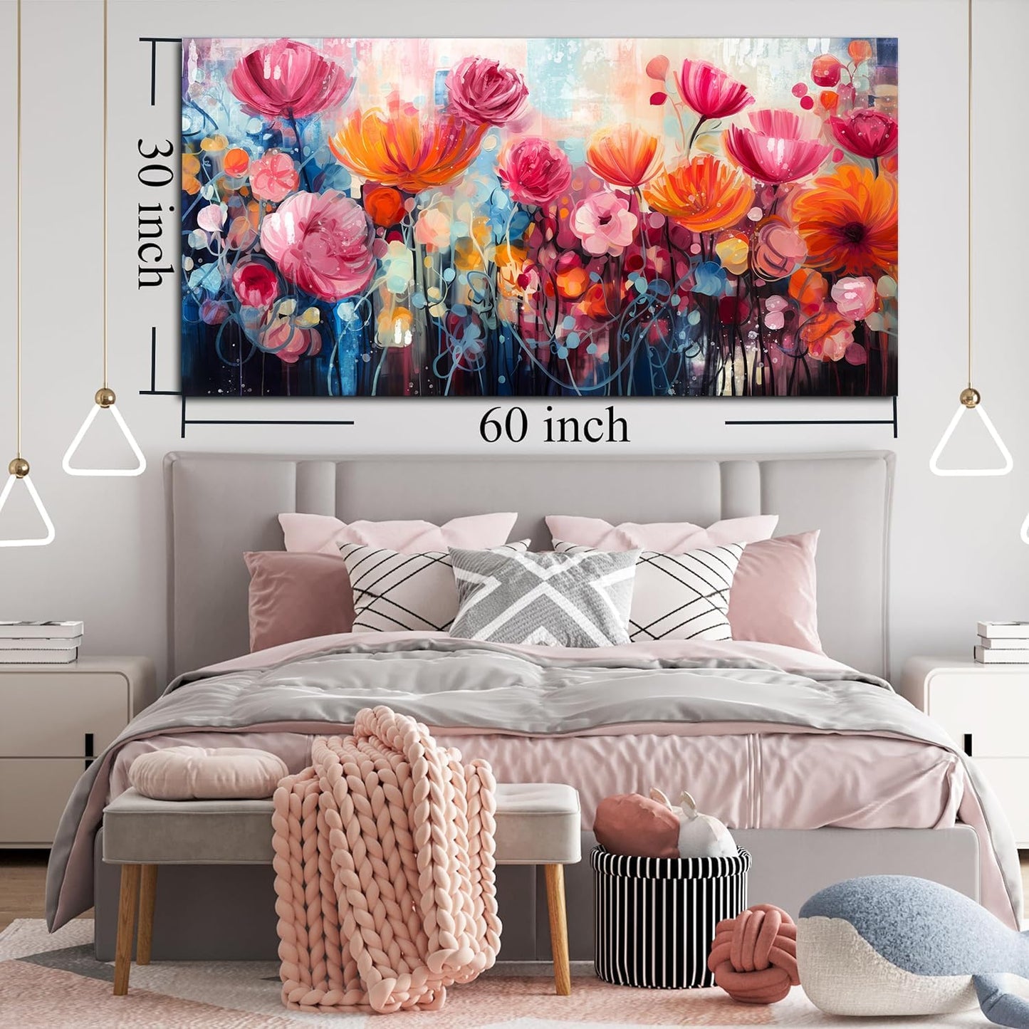 ENTANUB Flower Wall Art for Living Room, Pink Canvas Print Painting for Bedroom, Floral Picture Artwork, Large Decor Size 60x30 Inches
