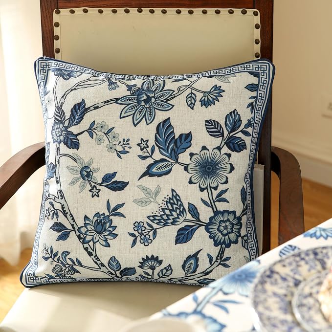 bilin gaier Designer Vintage Linen Throw Pillow Cover,18"x18"-Suqing A | Elegant Square Pillow Cover,Concealed Zipper Design,Blue Floral Pattern,Sofa,Bedroom,Living Room,Lounge Chair