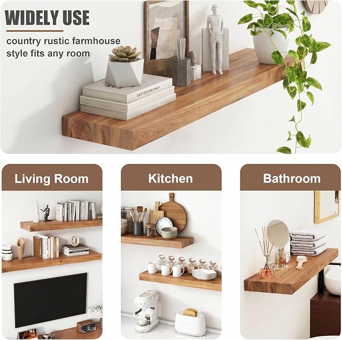 FLYJOE Floating Shelves for Wall, USA-Sourced Elm Wood 16 Inch Wall Shelves Set of 2, Natural Wooden Mounted Picture Ledge Shelf, Nursery Book Storage Shelf Kids Bookshelf Display, Shelf for Bathroom