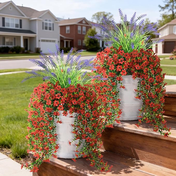Artificial Fake Flowers Plants for Outdoor Decoration,3 Pcs Faux Hanging Flowers with Lavender Spring Summer Decor,UV Resistant Realistic Fake Silk Flowers for Planter Balcony Yard Porch Garden Decor
