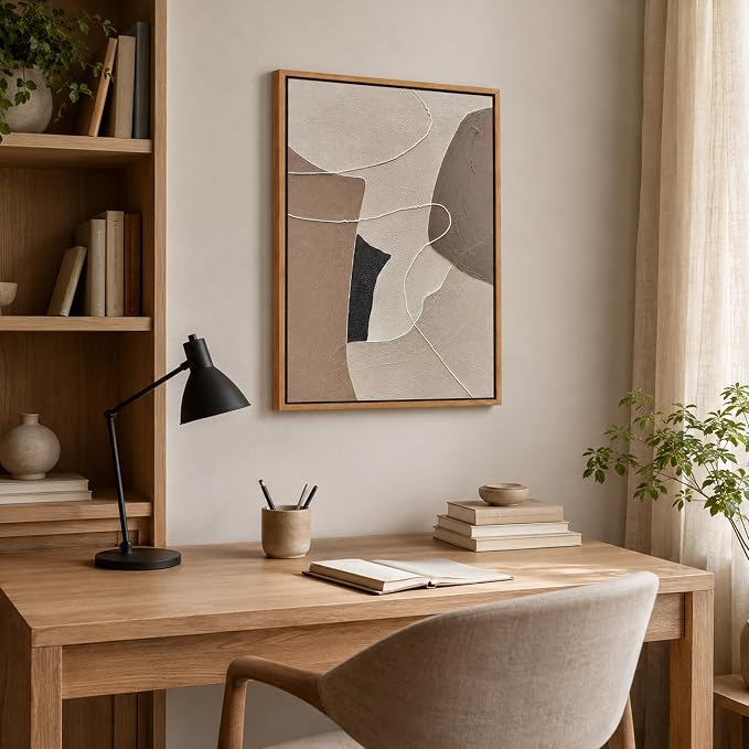 Kabcod Large Beige Brown Abstract Wall Art 3D Textured Oil Painting, Neutral Large Abstract Geometric Picture Wall Decor Framed Artwork Boho Entrance Home Decor Ready to Hang (24" W x 36" L)