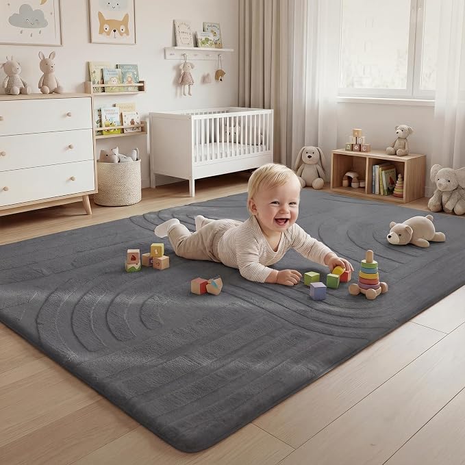 Huloo Sleep 1.3" Extra Thick Fluffy Baby Play Mat for Floor,6'×9'Large Padded Kids Rug with Ultra Soft 3D Carved Faux Rabbit Fur,Non-Slip Carpet Nursery Rug Area Rug for Playroom Living Room(Charcoal)