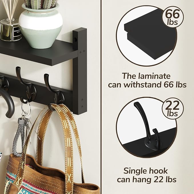 AMBIRD 34.2" Extra Long Wooden Wall Hook Rack with Shelf - Versatile and Decorative Wall-Mounted Storage with 10 Hooks for Coats, Hats, Keys - Ideal for Entryways, Bedrooms, Closets (Stylish Black)
