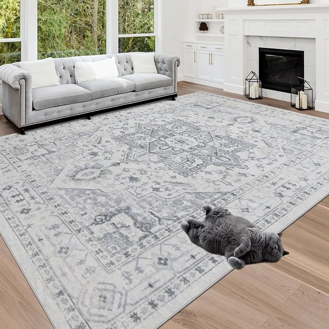 Srugn Area Rug 8x10 Washable Area Rugs for Living Room- Ultra Soft Non-Shedding Faux Wool Bedroom Rug Large Grey Vintage Print Rugs with Non Slip Rubber- Indoor Retro Foldable Carpet for Dining Room