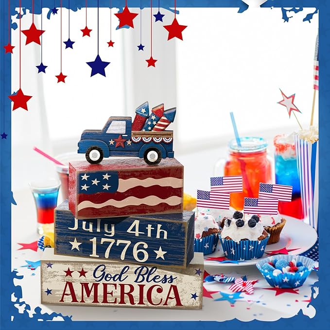 CroBlissful 4 Pcs 4th of July Decorations Patriotic Memorial Day Tabletop Decorations Red White Blue Table Centerpieces Sign for Office Tiered Tray Home Shelf 250th Anniversary(Truck)