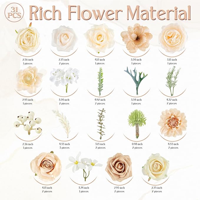 Artificial Flowers Combo Box, 31PCS Fake Flowers, Silk Flower Mix with Wire Stem, DIY Wedding Bridal Bouquet for Arrangement, Shower Party Home Décor, Champagne & Ivory Mix