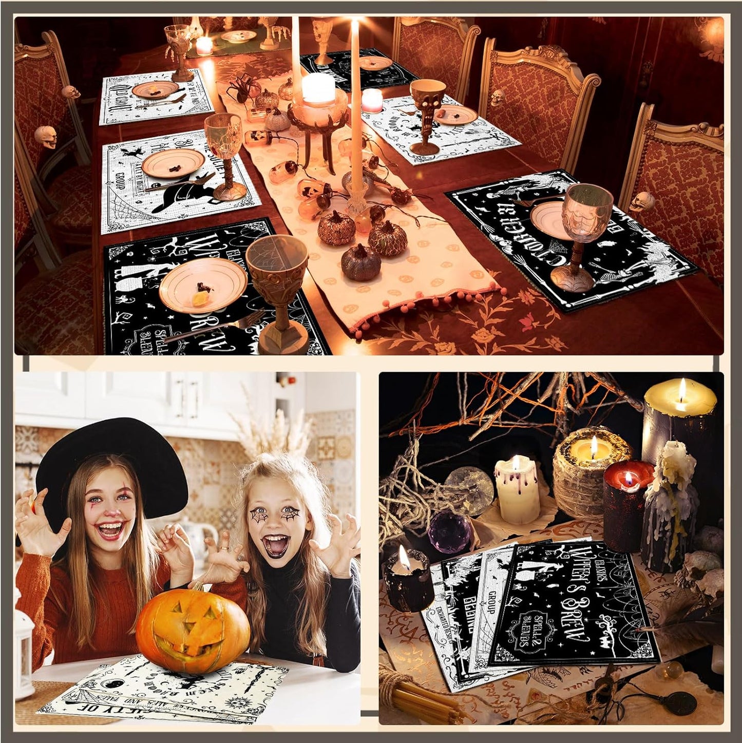 Umigy 6 Pcs Halloween Placemats 12"x18" Gothic Bat Placemats Kitchen Decoration Washable Witch Place Mats Rectangle Skull Table Mats for Halloween Dining Table Accessories(Black White Character Style)