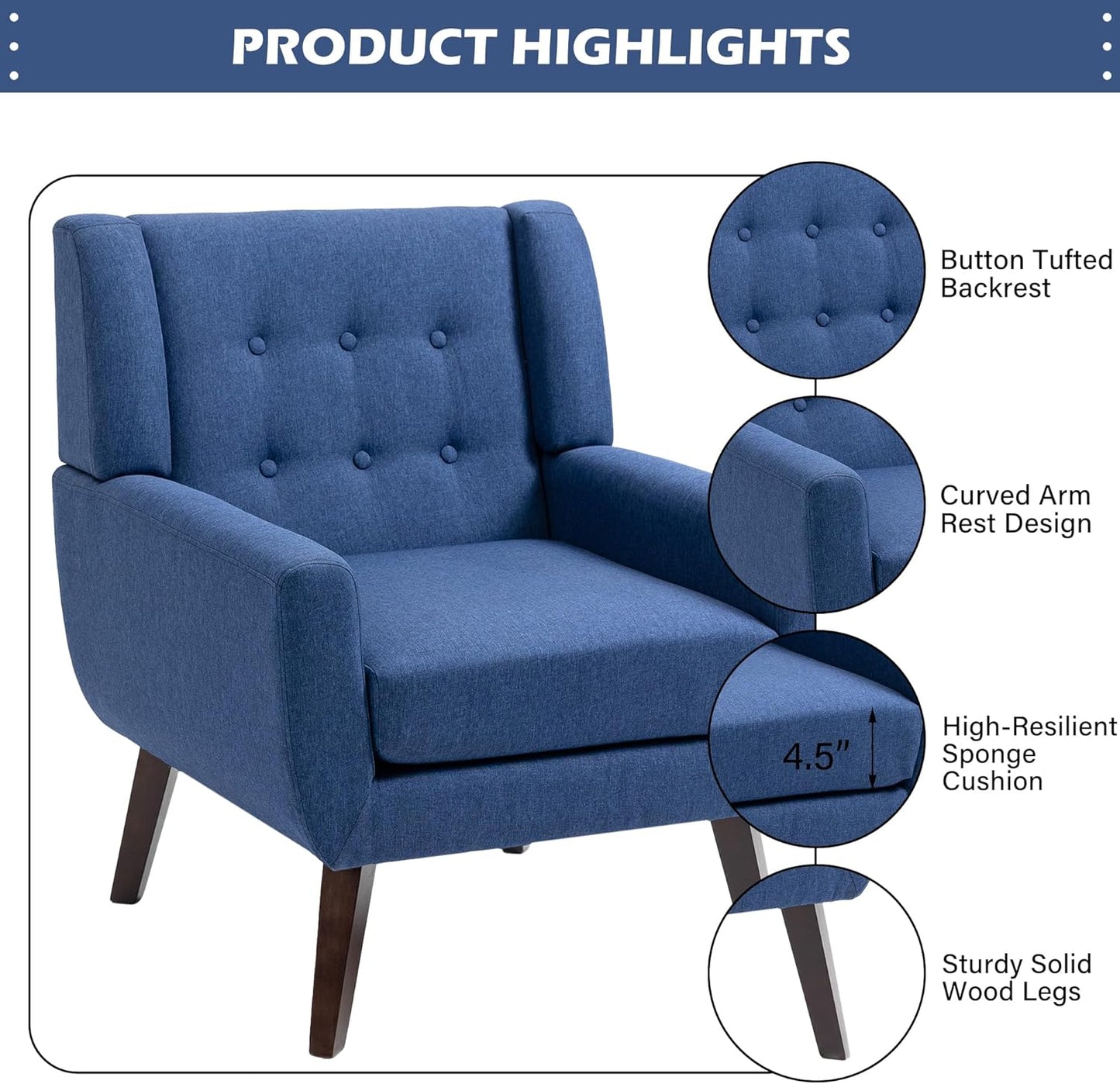 UIXE Accent Chair, Modern Upholstered Armchair in Fabric for Living Room, Comfy Club Arm Chairs Single Sofa Button Tufted Bedroom Reading Seat - Blue, Set of 4