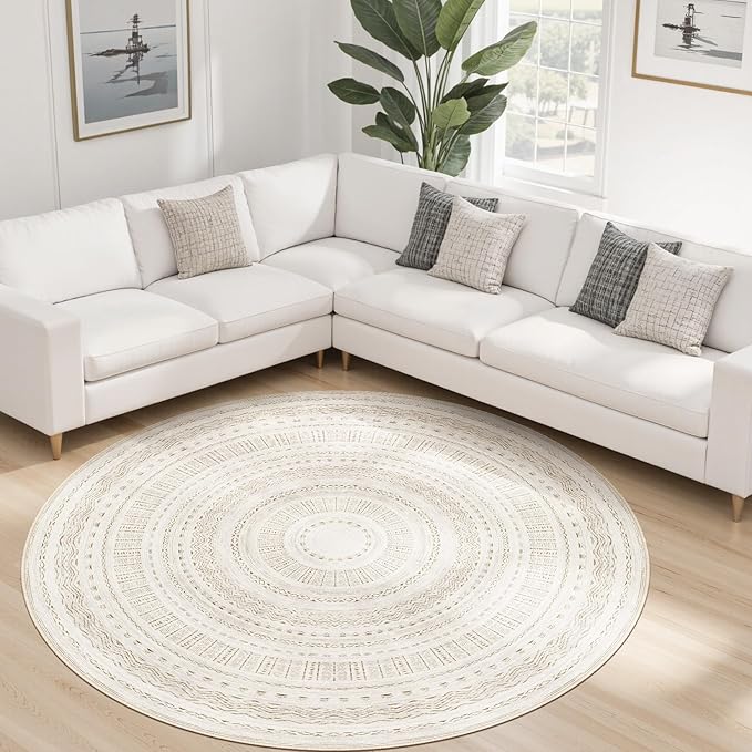 cotiled 6x6 Round Area Rug Living Room: Washable Boho Rugs with Non Slip Backing Large Soft Indoor Stain Resistant Carpet for Bedroom Farmhouse Dining Room Lightweight Home Decor Brown/Cream