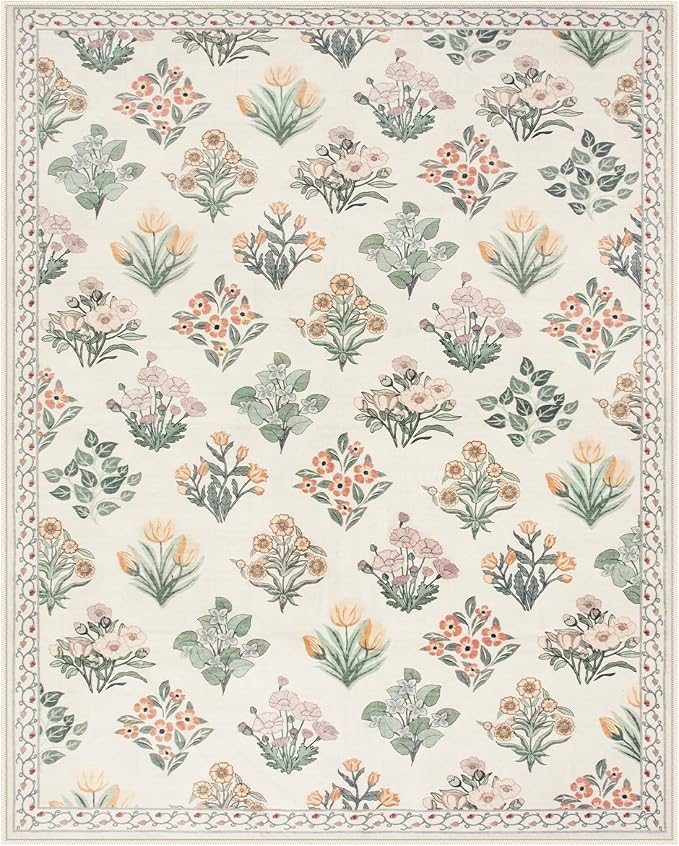 Wonnitar Floral Washable 8x10 Area Rugs, Soft Large Rugs for Living Room, 8 x 10 Low Pile Non Slip Moroccan Bedroom Carpets for Nursery Kids Room Decor Dining Room, Cream Beige