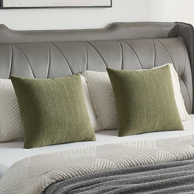 FUTEI Moss Green Chenille Throw Pillow Covers 26x26 Inch Set of 2,Soft Striped & Diamond Textured Euro Pillow Shams,Modern Home Decor for Couch Living Room