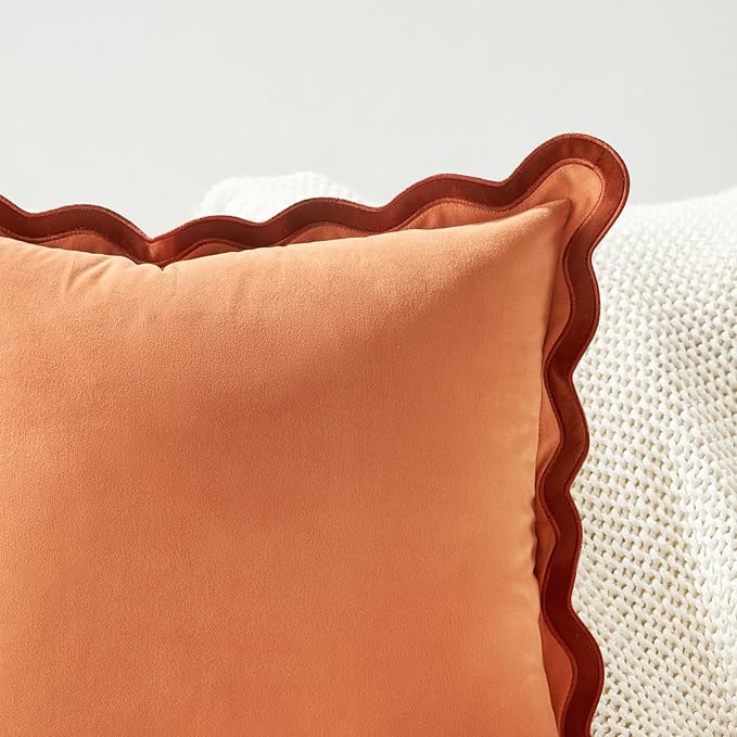 MONDAY MOOSE Decorative Throw Pillow Covers Cushion Cases, Set of 2 Soft Velvet Scalloped Wavy Edge Designs, Mix and Match for Home Decor, Pillow Inserts Not Included (18x18 inch, Rust/Coral)