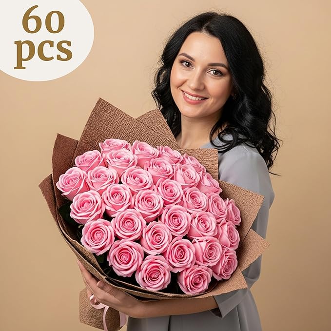 Auihiay 60PCS Pink Roses, Artificial Roses, Velvet Silk Fake Roses, Realistic Pink Artificial Flowers for Mother's Day, Wedding Centerpieces, Bridal Bouquets, Home Decor, Anniversary Decorations