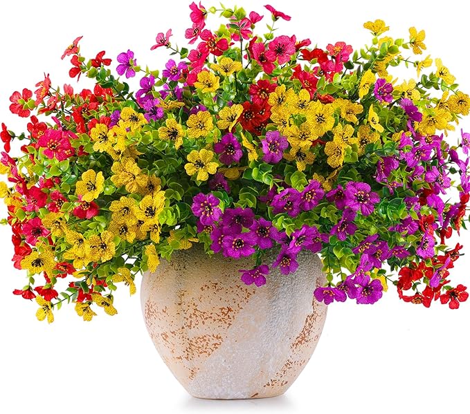 Rowfad 18 Pcs Artificial Daisy Flowers for Outdoors UV Resistant Fake Plastic Colorful Spring Flowers Faux Silk Plants for Outside Porch Easter Patio Home Decor (18, Red, Purple, Yellow, Rose Red)