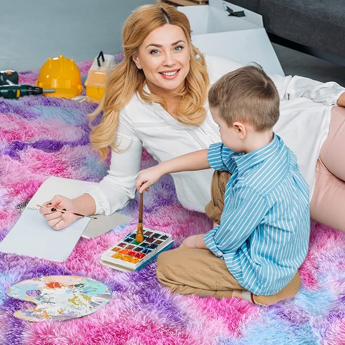 AROGAN Soft Rainbow Area Rugs for Girls Room 2x4 Feet, Fluffy Girls Bedroom Rugs, Princess Rug, Cute Colorful Carpet for Kids Teens Nursery Toddler (Hot Pink)