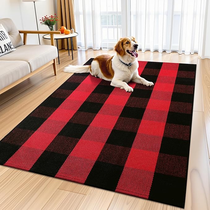 OLANLY Buffalo Plaid Rug 3' x 5' – Red and Black Cotton Checkered Doormat, Washable Indoor Outdoor Rug for Layered Front Porch, Kitchen, Entryway Decor