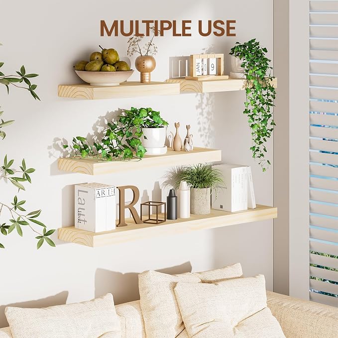 Heimlove Unfinished Wood Floating Shelves, Pine Shelves for Wall Set of 2, Wall Mounted Rustic Wood 8 Inch Deep Floating Shelf with Invisible Brackets for Bedroom Kitchen Living Room - Natural, 16x8