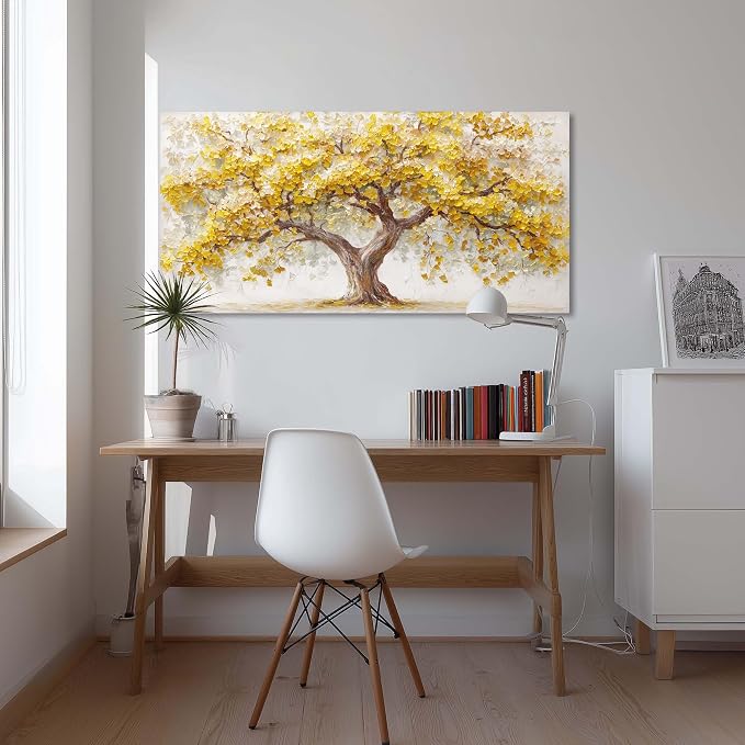 Ggaafet Yellow Ginkgo Tree Wall Art for Living Room Canvas Oil Painting Prints Beautiful Tree of Life Art Deco Modern Artwork Office Bedroom Family Dining Room Decor Extra Large