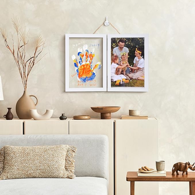 Family Handprint Photo Frame with 12 Paints & 12 Pens, 5 Transparent Sheets, Gift for Mom Dad Grandparents from Kids (White)