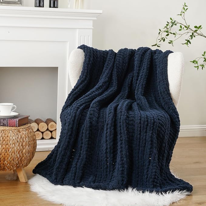 Battilo Chunky Knit Throw Blanket for Couch, 50"x60", Navy Blue | Hand Knit, Gift Blanket, Cozy Warm Thick Soft Chenille Throw Blanket for Bed, Sofa, Chair, Living Room