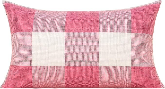 VAKADO 12x20 Set of 2 Pink Throw Pillow Covers Lumbar Buffalo Plaids Decorative Gingham Farmhouse Decor Outdoor Checkered Square Cushion Cases Home Decorations for Bedroom Couch Sofa Patio