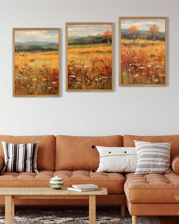 UPWOIGH Autumn Meadow Framed Wall Art, 16 x 24 Inch, Set of 3 | Golden Wildflower Meadow Prints, Warm Autumn Landscape Design, Light Wood Frames for Living Room, Dining Room and Office