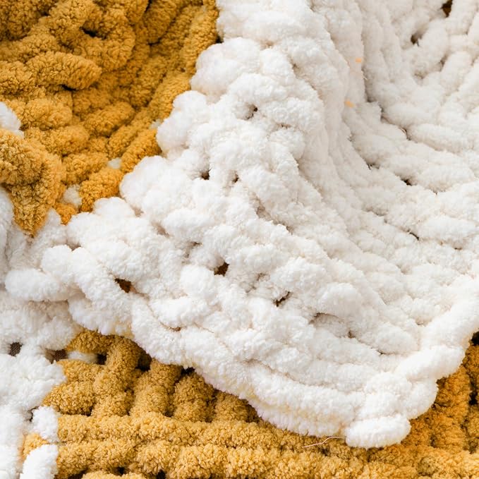 Battilo Mustard Yellow Chunky Knit Throw Blanket, Soft and Thick Chenille Throw Blanket, 50"x60" Handmade Cable Knit Crochet Blanket, Knot Knitted Throw Blankets for Couch Home Decor, Yellow & White