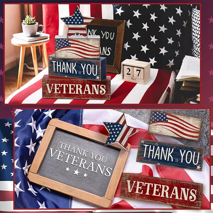 CroBlissful 4 Pcs Memorial Day Decorations Patriotic 4th of July Tabletop Decorations Red White Blue Table Centerpieces Star Sign for Office Tiered Tray Home Shelf 250th Anniversary