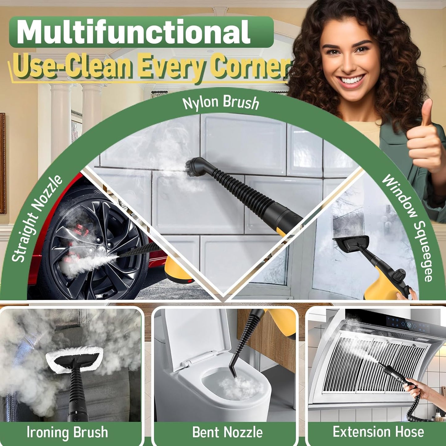 Multi-Surface Portable Steam Cleaner with 11Pcs Accessories, Chemical-Free Pressurized Steamer for Cleaning, Hand Held Steamer for Car, Furniture, Floor, Tile Grout and Home Use