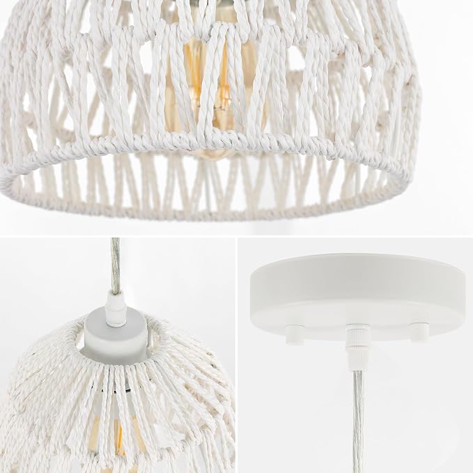 JONATHAN Y 8.25" White Modern Bohemian Woven Rope LED Pendant Light Fixture, Adjustable Dome Ceiling Lamp for Kitchen Island, Rope Shade, Coastal Farmhouse Decor (JYL6512A)