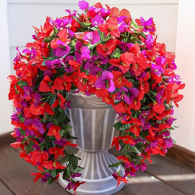 HyeFlora Bougainvillea Artificial Hanging Flowers Plants for Outdoors Decoration, 2pcs Fake Flowers Bougainvillea Vines Realistic UV Resistant Silk Flower for Outside Planter Porch Patio Yard Urn, Mix