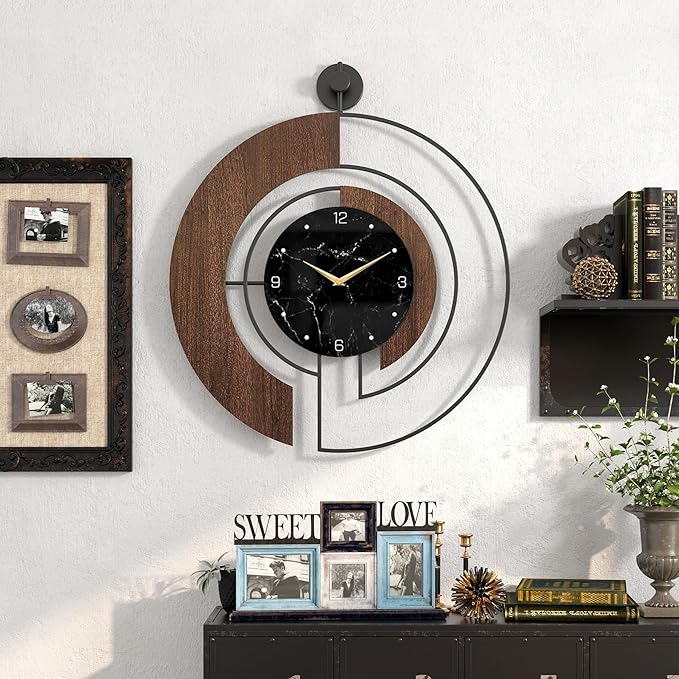 Modern Walnut Marble Dial Wall Clock, Large Wood Metal Frame Silent Non Ticking Wall Clocks for Living Room, Bedroom Decoration, Contemporary Home Wall Decor Gift Idea, 22 in