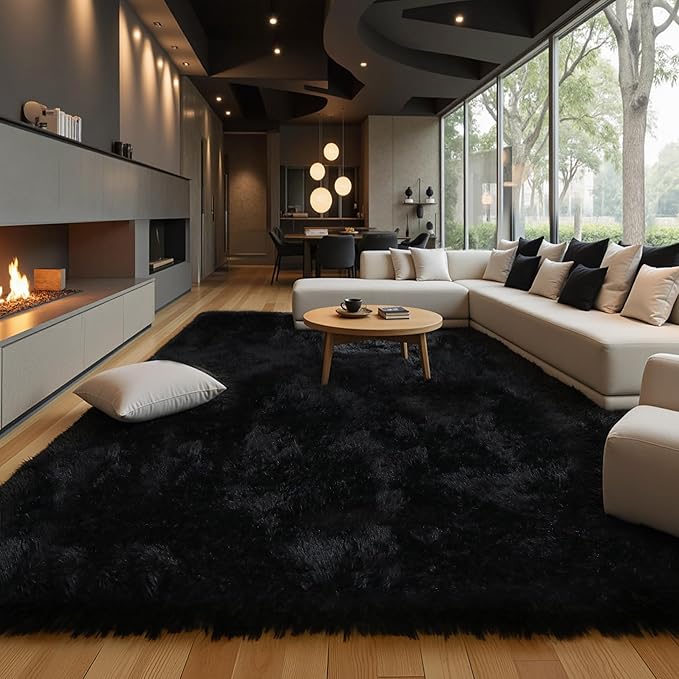 Black Fluffy 8x10 Large Area Rugs for Bedroom Living Room, Soft Washable Shag Carpet for Kids Room, Nursery, Dorm Decor, Colorful Cute Plush Fuzzy Rugs for Baby Toddler