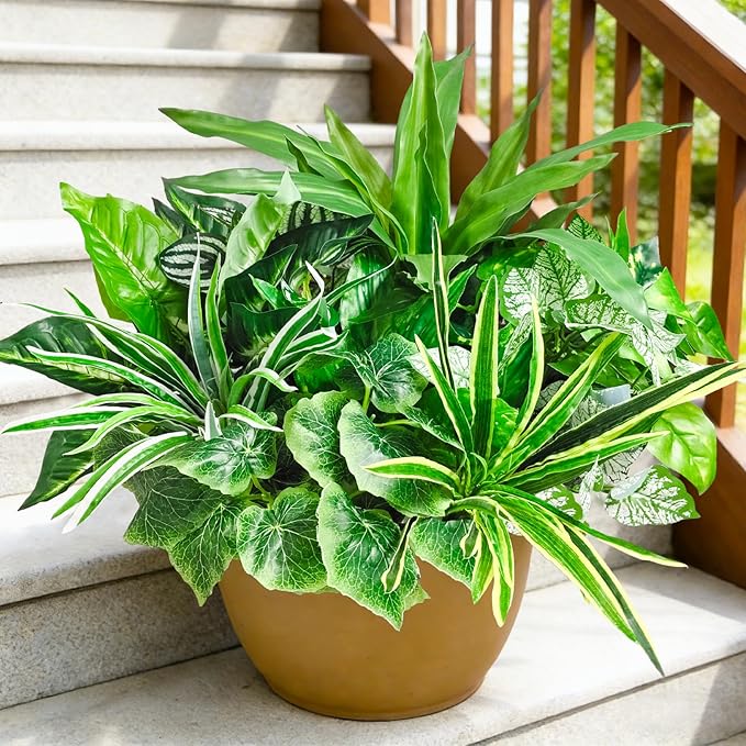 Artificial Plants for Outdoors Faux Greenery Leaves UV Resistant Realistic Plastic Large Bunches Shrubs Bushes with Stems, Fake Plants Decor Outdoor for Front Porch Door Patio Garden Yard, 9Pcs