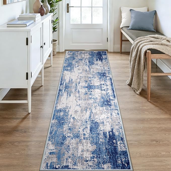 RELEANY Washable Area Rugs 3x12 Non-Slip Modern Abstract Soft for Living Room Entryway Bedroom Nursery, Print Pattern, Blue Grey Navy Gray