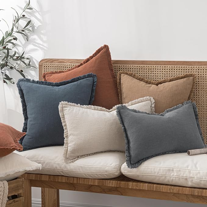 MIULEE Decorative Throw Pillow Covers Neutral Linen Fringe Throw Pillows Set of 2 Grey Boho Farmhouse Cushion Covers with Tassels for Couch Sofa Bed Living Room Spring Decor 20x20 Inch