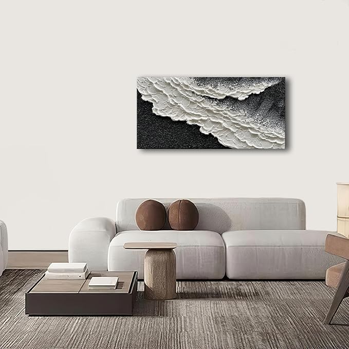 NANKAI 24x48 Inch Hand Painted 3D Ocean Wave Landscape Oil Painting Black and White Abstract Canvas Art Mural Family Wall Decoration Art