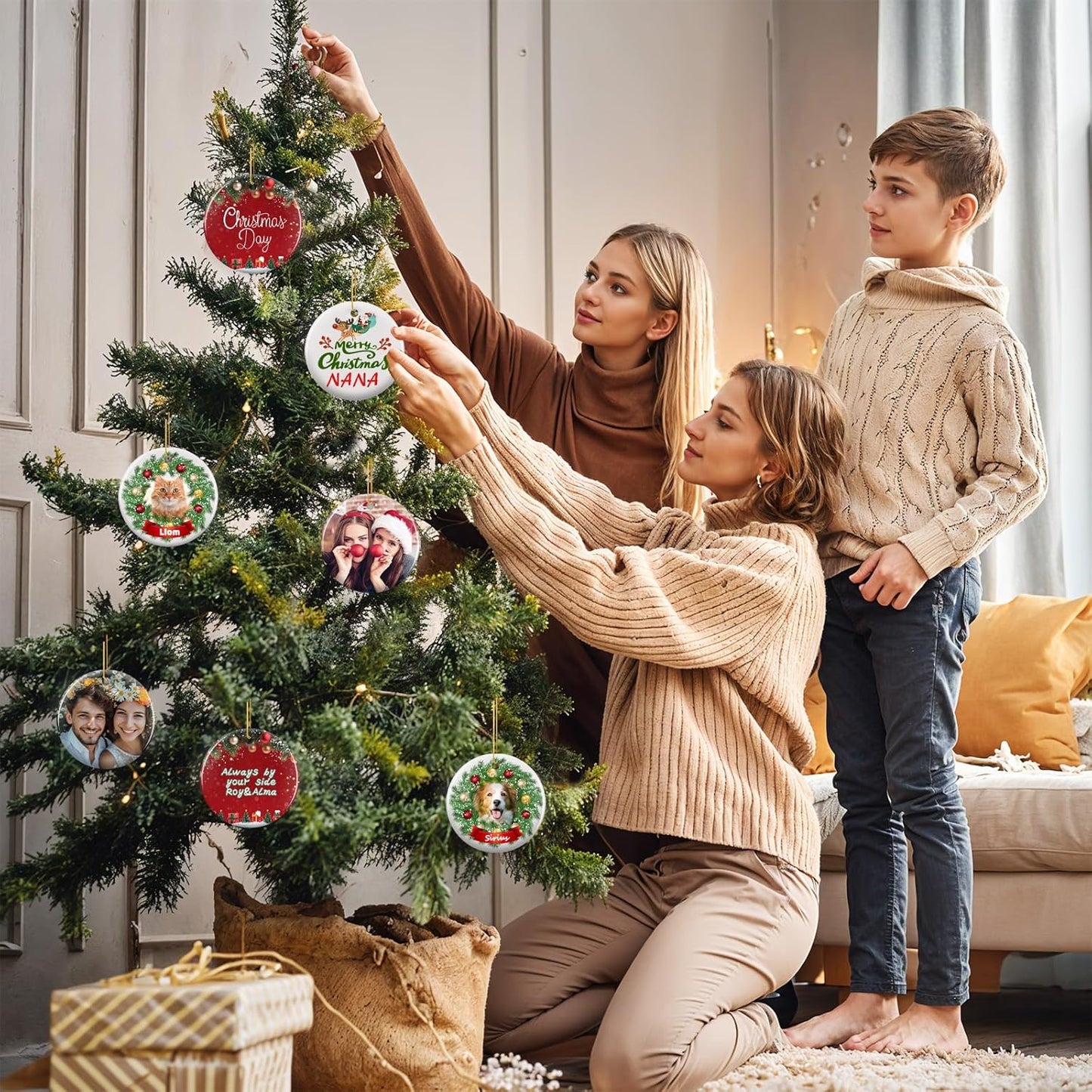 Personalized Christmas Ornaments 2025 - Custom Double-Sided Photo Ceramic Xmas Tree Hanging Decor, Unique for Family Friends (A01-Ceramic Style)