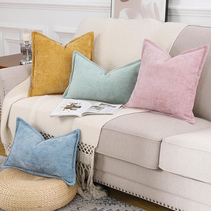 MADIZZ Decorative Chenille Velvet Throw Pillow Covers Set of 2 Soft Boho Textured Neutral Couch Throw Pillow for Bed Modern Farmhouse Home Decor for Sofa Livingroom Yellow 16x16 Inch