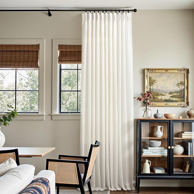 Light Filtering Natural Linen Pleated Curtains 63 Inches Long Ivory Cream Linen Curtain 70 Inch Wide Textured Semi Sheer Back Tab Boho Pinch Pleat Drape for Bedroom Living Room 2 Panels 70 x 63 Length