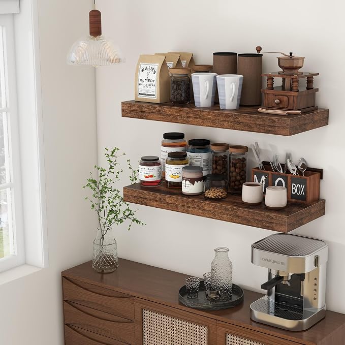 FLYJOE 30'' Brown Floating Shelves, 12 Inch Deep Shelves for Wall Set of 2 | 30'' x 12'' Rustic Brown Wood Shelves for Framhouse Living Room Bathroom Kitchen Laundry Room