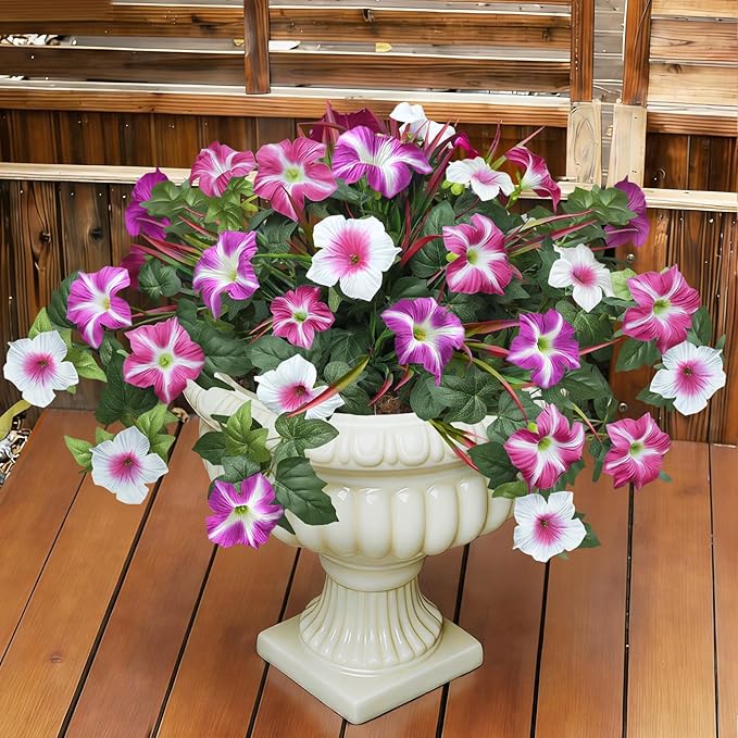 Artificial Flowers Plants for Outdoors, 6PCS UV Resistant Faux Flowers Outdoor Plants, Fake Petunias Silk Flowers for Garden Balcony Yard Porch Decor (White Red Lotus)